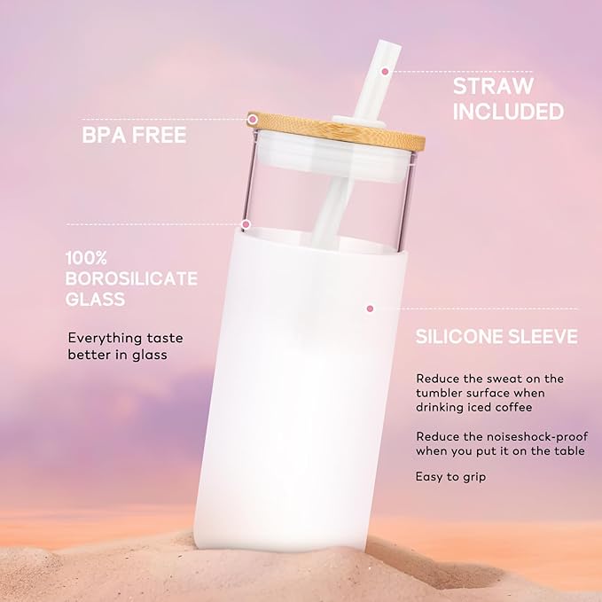 Tronco 20 oz Glass Tumbler with Lid and Straw, Iced Coffee Cup and Smoothie Cup with Bamboo Lids & Protective Silicone Sleeve, Dishwasher Safe, BPA-Free, Glass Cup 1 Pack