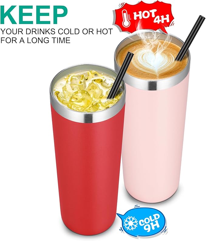 VEGOND 20 oz Stainless Steel Skinny Tumbler with Lids and Straws, 20oz Double Wall Insulated Slim Tumbler Cup for Cold Hot Drinks, Red 1 Pack