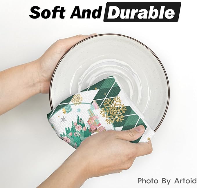 Artoid Mode Green Nutcrackers Tree Christmas Kitchen Towels Dish Towels, 18x26 Inch Gift Box Snowflake Winter Decoration Hand Towels Set of 2