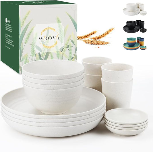 Wrova Wheat straw bowl and plate sets of 16 with cups - Unbreakable plastic dinnerware sets for kitchen - Microwave and Dishwasher safe dishes for kitchen,camping,indoors and out doors. White