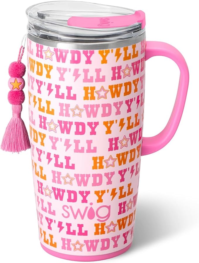 Swig Life 22oz Travel Mug, Insulated Tumbler with Handle and Lid, Cup Holder Friendly, Dishwasher Safe, Stainless Steel, Travel Coffee Cup, Insulated Mug with Lid (Howdy Yall)