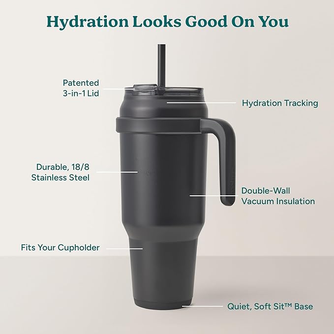 REDUCE 50 oz Stainless Steel Tumbler with Handle - Dual-Wall Vacuum Insulated Travel Mug, Sweat-Proof Lid & Reusable Straw - Keeps Drinks Cold for 24 Hrs, Fits Cupholders, Dishwasher Safe - Black