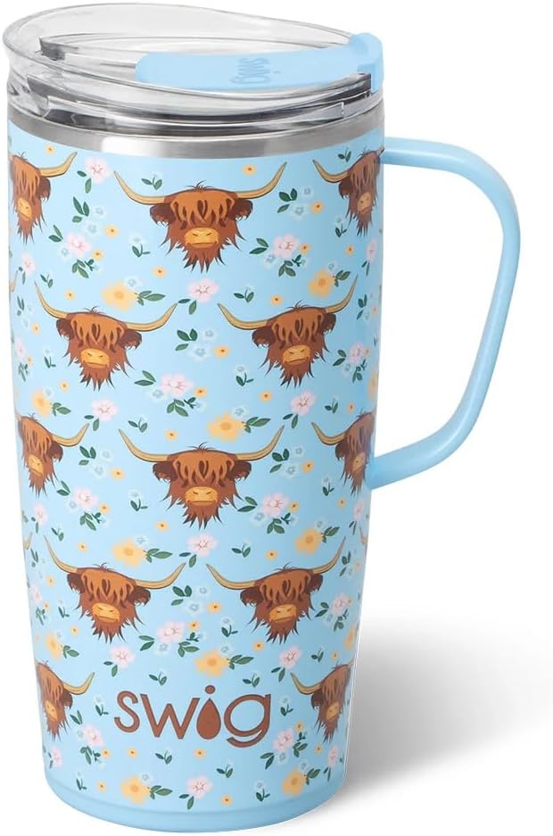 Swig Life 22oz Travel Mug, Insulated Tumbler with Handle and Lid, Travel Coffee Mug, Cup Holder Friendly, Stainless Steel 22 oz Tumbler, Reusable Insulated with Lid (Holy Cow)