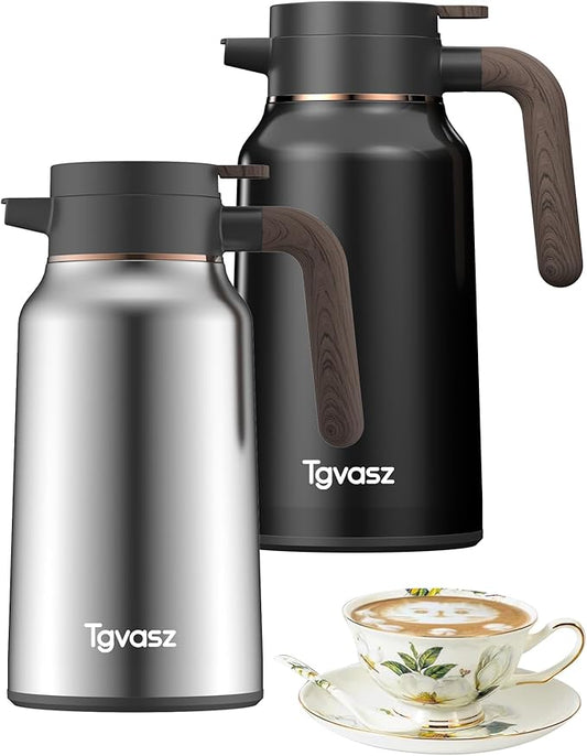 2 PCS Thermal Coffee Carafe 70 oz - 36 Hour Stainless Steel Carafes for Hot Liquids-Insulated Coffee Carafes For Keeping Hot/Cold Coffee, Tea, (Black+Silver)