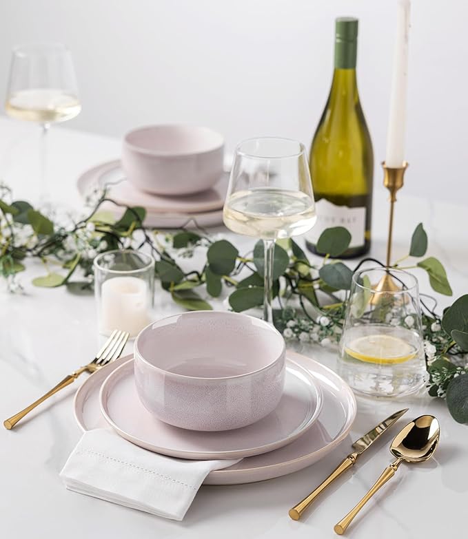 TheTerra Ceramic Dinnerware Sets for 4, 12 Pieces Handmade Reactive Glaze Plates and Bowls Set, Scratch Resistant Dish Set, Oven & Microwave & Dishwasher Safe, Primrose Pink