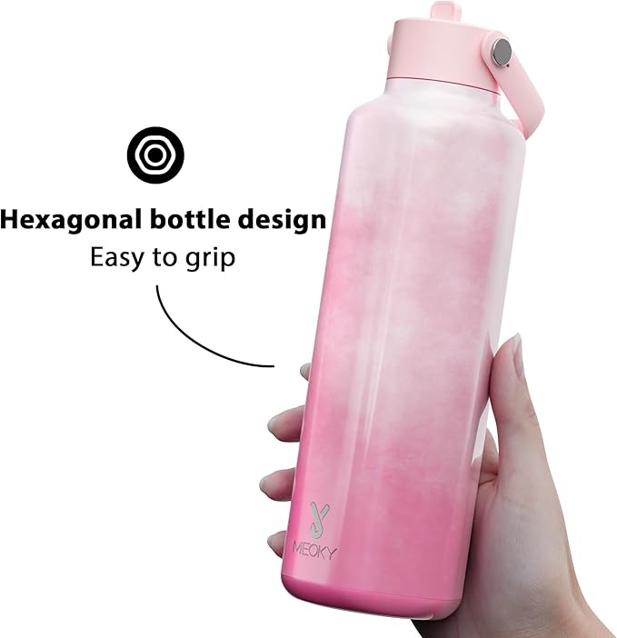 Women Water Bottle with Straw for Sports: 24 oz Stainless Steel Insulated Water Bottle BPA-Free for Home Office Work - Girlfriend Wife Mom, Peony