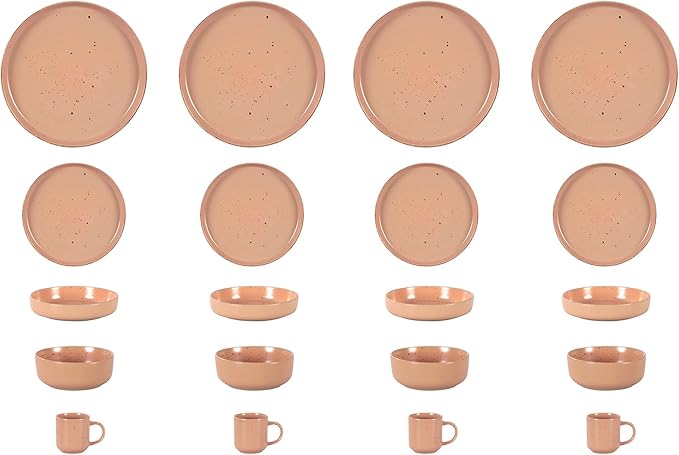 HomeVss, Nordic Shape Rising Rim Stoneware 20pc Dinnerware Set, Matte Rose with Speckle Finished Effect