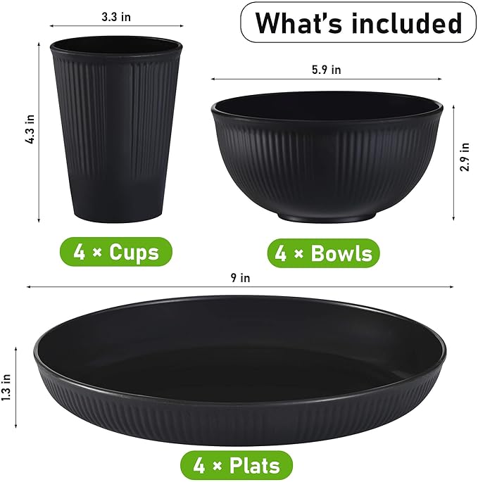 Wheat Straw Dinnerware Sets, Kitchen Unbreakable Wheat Straw Plates and Bowls Sets for College Dorm Apartment Reusable Black