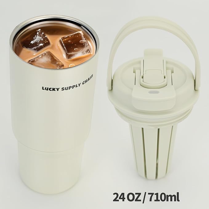 Water Bottle 24 Oz/Stainless Steel Tumbler with Straw - Vacuum Insulated Water Bottle 24 Oz for Home, Office or Car Reusable Cup With straw，Cold for 12 Hrs or Iced for 24 Hrs(White)