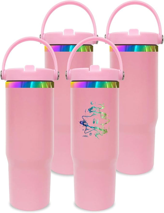 30 oz Tumbler Bulk with Handle and Straw, Vacuum Insulated Tumblers with Flip Straw and Top Handle, Leakproof Powder Coated Tumbler, Stainless Steel Travel Mug for Coffee Water (Pink, 4 Pack)