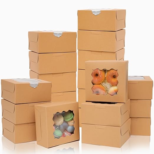 Bakepacker 100pcs Kraft Bakery Boxes with Window 6x6x3 inches Thick & Sturdy Macaroon Pastry Boxes Cookie Boxes for Bakerys