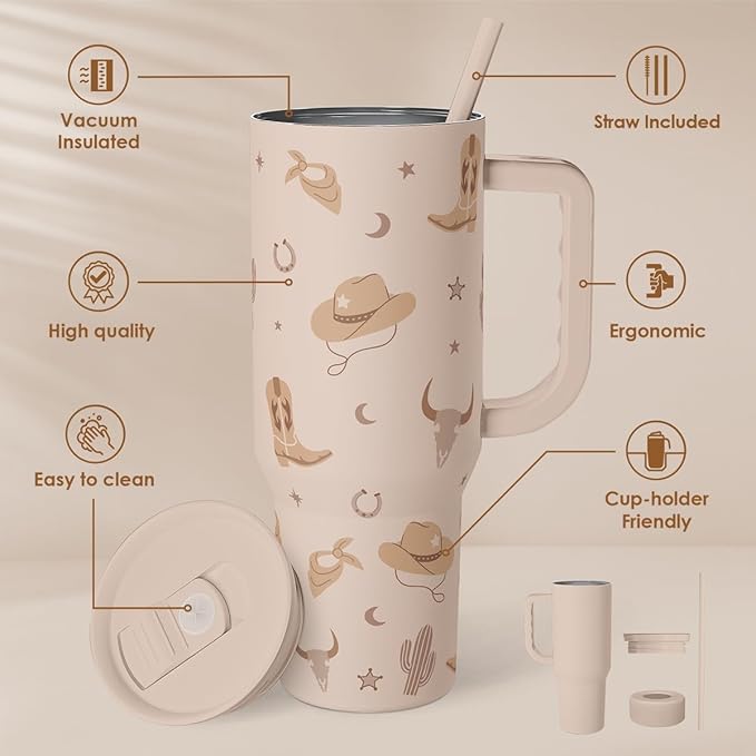 Cowgirl Tumbler 40oz for Women Girls – Stainless Steel Travel Coffee Mug Cup with Handle and Straw, Gift for Birthday Christmas