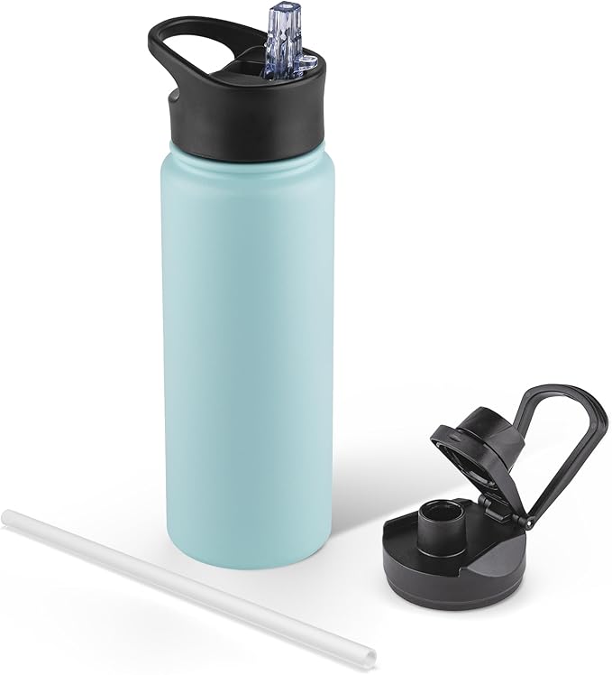 24 oz Insulated Water Bottle with Straw Lid & Wide Mouth Lids, Stainless Steel Sports Water Bottles, Double Walled Vacuum, Leak Proof, Turquoise Blue