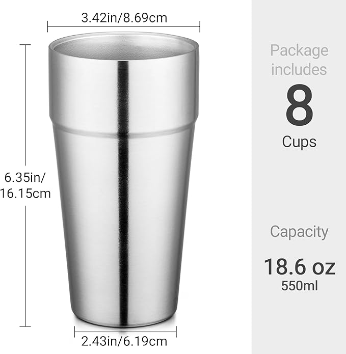 Beasea Stainless Steel Cups 19 oz, 8 Pack Large 18.6oz 550ml Stackable Stainless Steel Tumbler Double Wall Insulated Individual Metal Pint Glasses Tin Drinking Cups for Home Party Camping