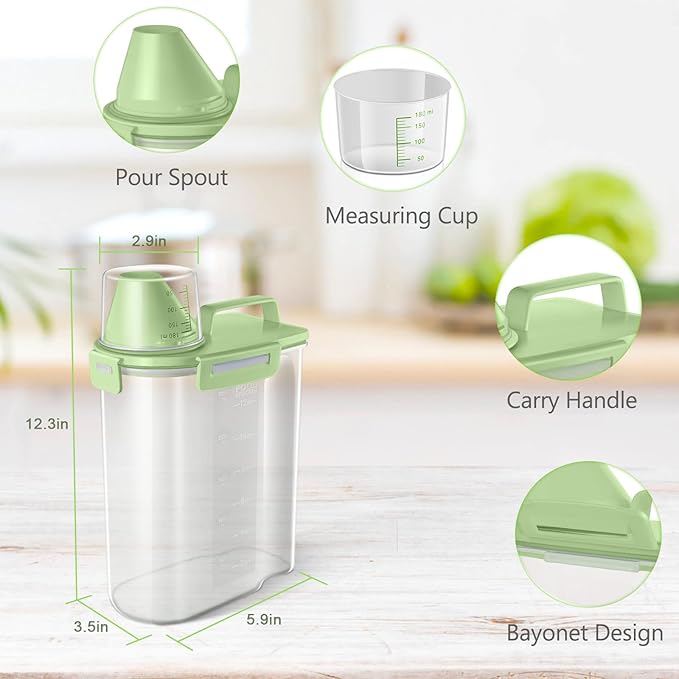 TBMax Rice Container Cereal Storage Container 2 Pack 5 Lbs, Plastic Kitchen Pantry Food Storage Container with Cup, Small Pet Dog Cat Food Dispenser -Green