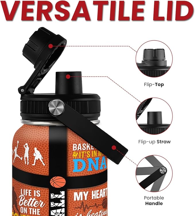 Basketball Water Bottle 32oz, Stainless Steel Insulated Sports Bottle with Lid, Basketball Gifts for Men Players Lovers Fan