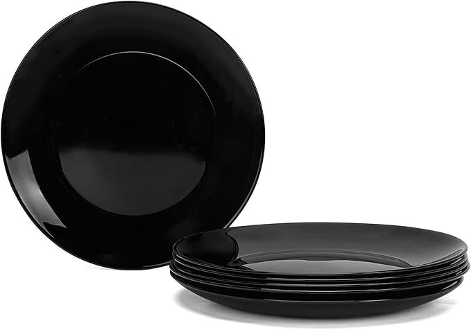 8.5 inch Salad Plate Set of 6, Lightweight Opal Glass Round Black Plates for Appetizer Dessert Kitchen, Dishwasher and Microwave Safe