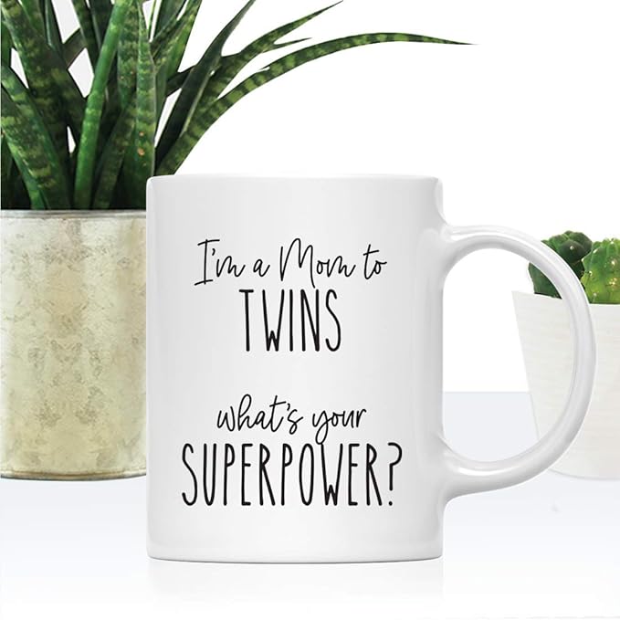 Andaz Press Mother's Day 11oz. Ceramic Coffee Tea Mug Gift For Mom, I'm A Mum To Twins, What's Your Superpower?, 1-Pack, Birthday Christmas Ideas Twin Mom Mug Cup