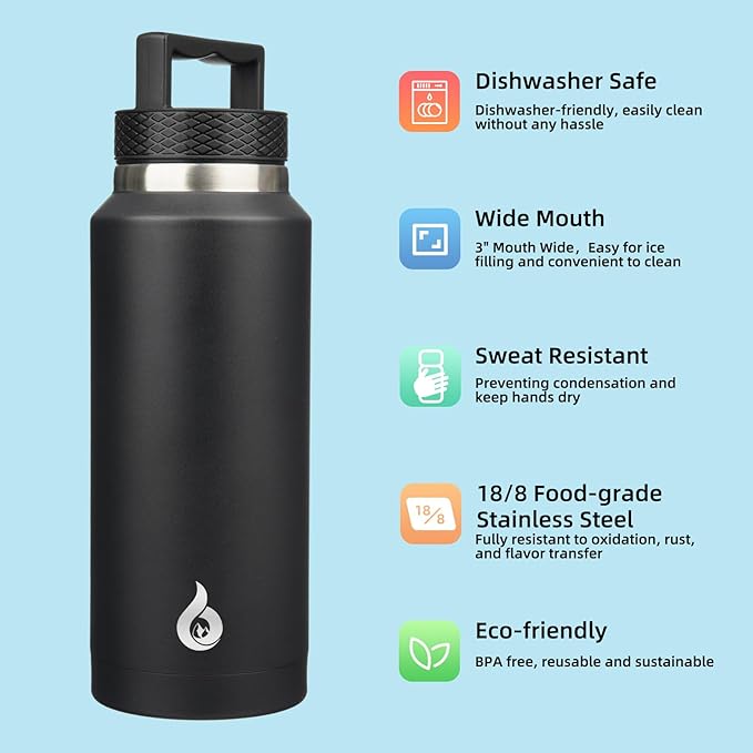 BJPKPK Insulated Water Bottles, Dishwasher Safe 36 oz Water Bottle with Handle, Leakproof BPA Free Water Jug, Stainless Steel Thermo for Sports, Black