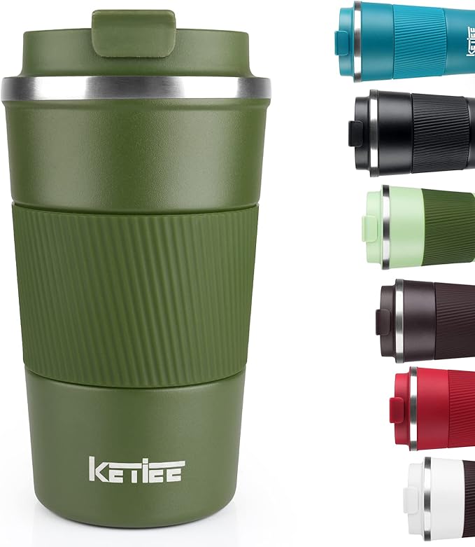 KETIEE Travel Coffee Mug 12oz: Vacuum Insulated Coffee Cup with Leakproof Lid, Coffee Tumbler, Reusable Coffee Cups, Double Wall Stainless Steel Coffee Mug to Go for Hot/Ice Coffee Tea (Army Green)