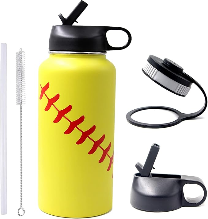 32 oz Softball Water Bottle, Wide Mouth Metal Thermo Travel Tumbler Sports Flask with 2 Lids, Stainless Steel Double Wall Vacuum Insulated Water Bottles, Softball Stuff Gifts for Mom Men Boys Girls