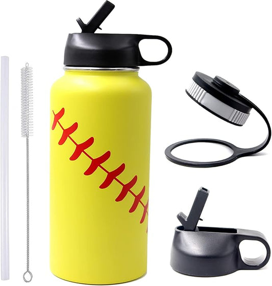 32 oz Softball Water Bottle, Wide Mouth Metal Thermo Travel Tumbler Sports Flask with 2 Lids, Stainless Steel Double Wall Vacuum Insulated Water Bottles, Softball Stuff Gifts for Mom Men Boys Girls