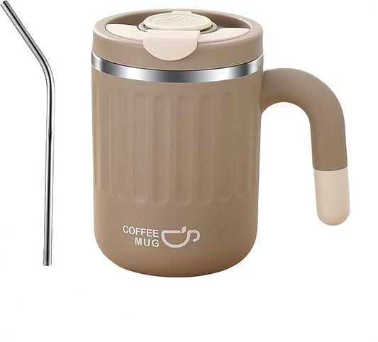 16oz Insulated Coffee Mugs - Ideal for Indoor Office Use. Features SUS 304 Inner, Double Wall Insulation, Detachable Silicone Ring. 3 Drinking Options. Available in White, Brown, Pink (khaki)