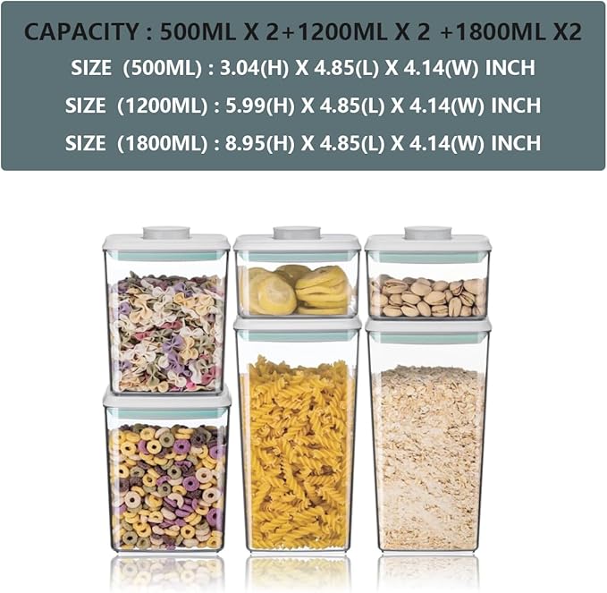Airtight Food Storage Containers 6 Pcs, 3 Sizes (500ml/0.5qt,1.2L/1.2qt,1.8L/1.8qt) with One-Touch Lids, Leakproof Stackable Kitchen Pantry Organizers for Dry Food,Snacks,Flour