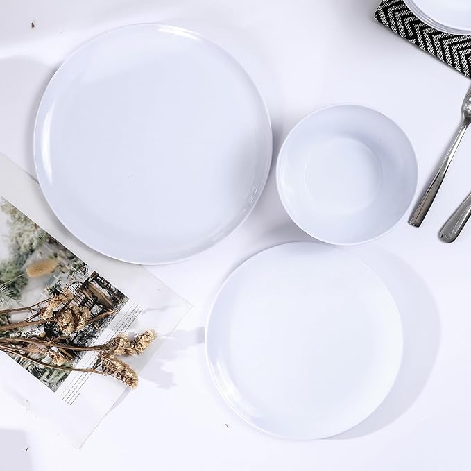 Melamine Dinnerware Sets,18-piece Melamine Plates and Bowls Set, Unbreakable Dishes Set for 6, Dishwasher Safe,Indoor and Outdoor Use,Lightweight,White