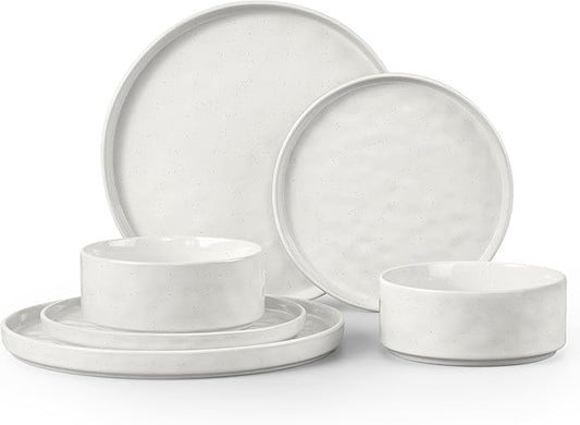 LIANYU 6 Piece Stoneware Dinnerware Sets for 2, Kitchen Plates and Bowls Dishes Sets, Speckled Dinner Ware Dishware, Chip and Scratch Resistant, Microwave & Dishwasher Safe, Polar White