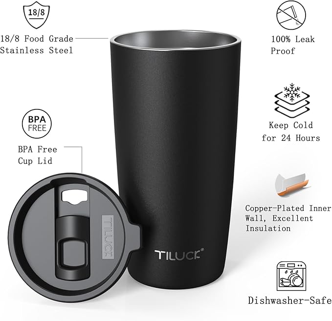TILUCK 20 oz Tumbler with Leak-Proof Lid, Vacuum Insulated Stainless Steel Coffee Mug, Double-Walled Travel Tumbler for Hot and Cold Drinks(MidnightBlack, 20oz)