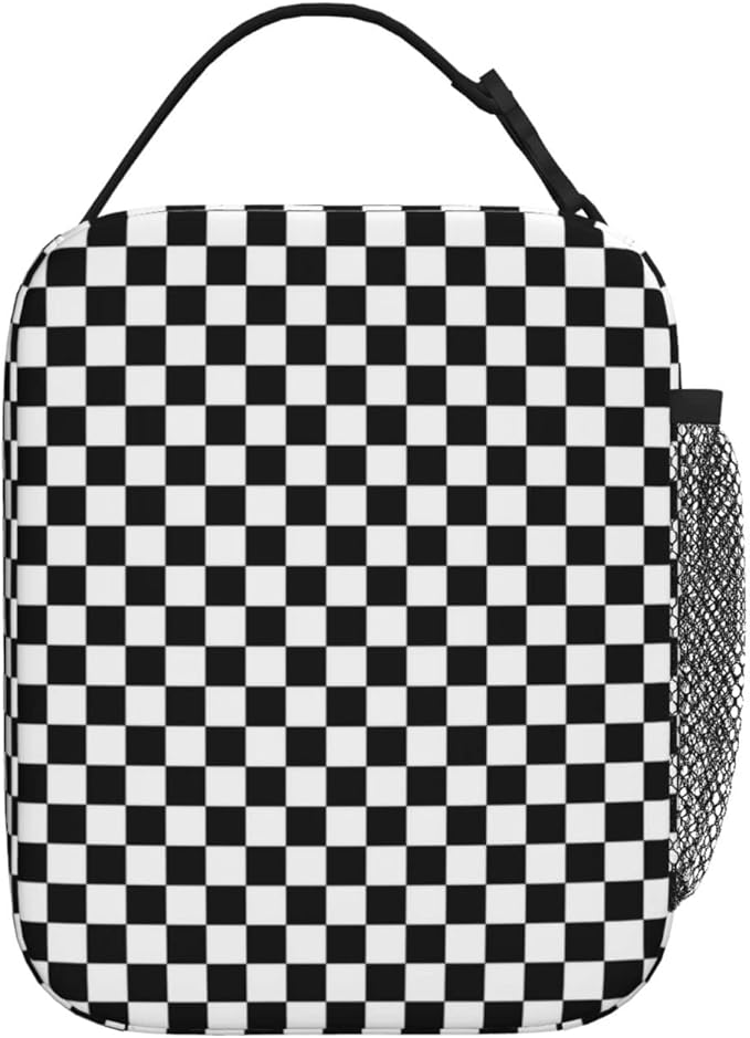 Black White Checkerboard Insulated Lunch Box Bag Portable Lunch Tote For Women Men And Kids