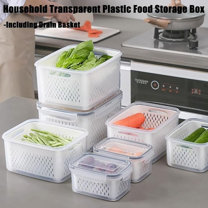 Relativityi Transparent Plastic Food Storage Containers, Relativityi Household Transparent Plastic Food Storage Box-Including Drain Basket with Removable Colander (Blue, M)