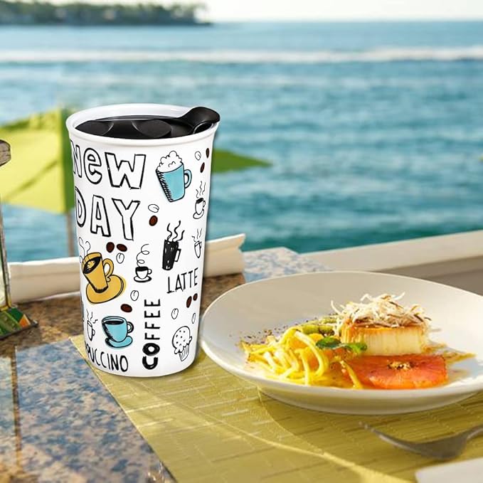 Ceramic Travel Coffee Mug, 12 oz, Portable, Travel Mug with Lid, Double Wall Tall Cup, To Go Tumbler for Car Cup Holder, Splash Resistant Lid, Dishwasher Safe, Gifts for Women Men Her Him (New Day)