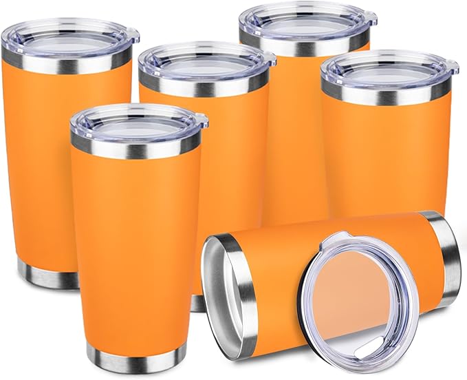 StarSpeed 20oz Tumbler Bulk with Lid, Stainless Steel Insulated Tumblers Double Wall Vacuum Insulated Travel Mug, Powder Coated Coffee Cups for Hot and Cold Drinks(Orange,6)