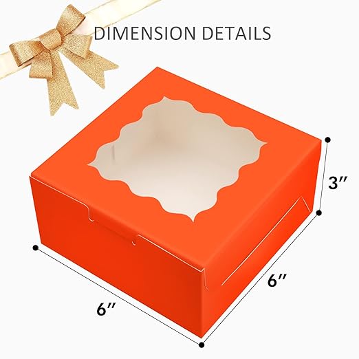 Bakepacker 60pcs Orange Bakery Boxes with Window 6x6x3 inches Thick & Sturdy Macaroon Pastry Boxes Cookie Boxes for Bakerys