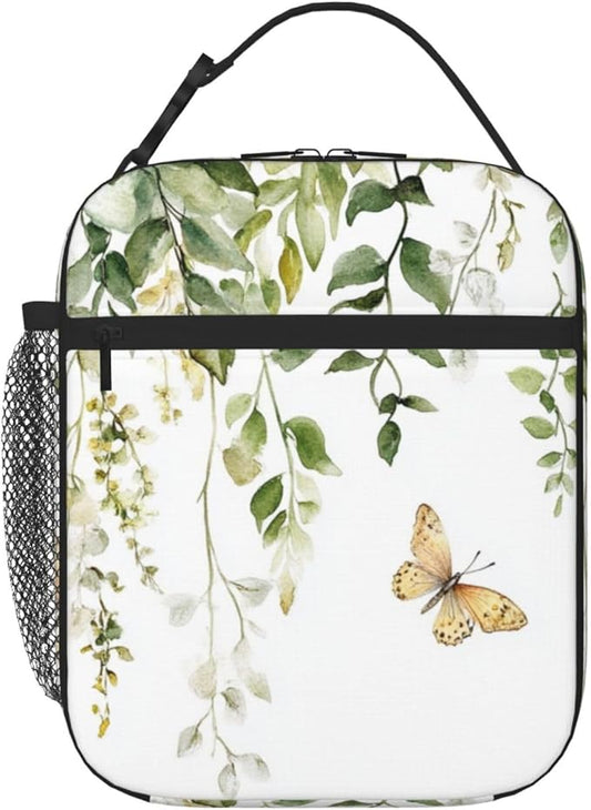 SUPLUCHOM Lunch Bag Butterfly Watercolor Botanical Leaf Insulated Bento Box Cooler with Side Pocket for Girl Boy Women Men Work School Picnic Hiking Daytrip