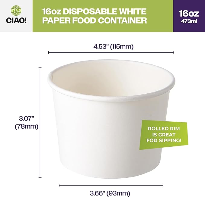CIAO! 16OZ Disposable White Paper Food Container, 115mm Diameter, Lids Sold Separately (500/case)
