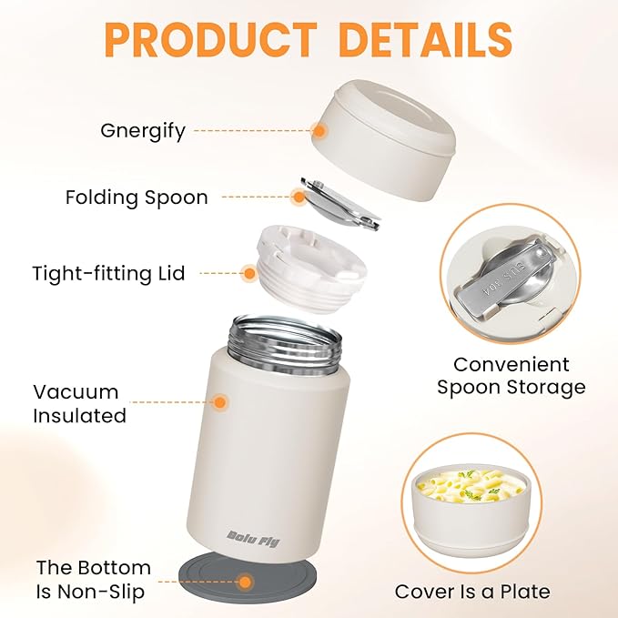 2 Pack Soup Thermo for Hot Food for Adults, Insulated Food Jar, Stainless Steel Vacuum Thermal Lunch Box Containers with Carry Bag and Spoon (18.5oz, 27oz) (White)