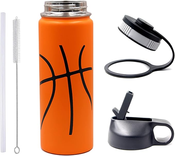 18 oz Basketball Water Bottle, Metal Thermo Travel Tumbler Sports Flask with 2 Lids, Stainless Steel Double Wall Vacuum Leak Proof Insulated Water Bottles, Basketball Accessories Gifts for Boys Girls