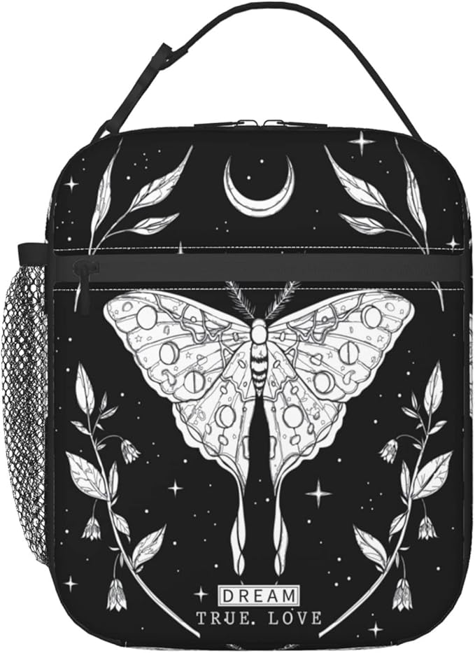 SUPLUCHOM Lunch Box Girl Black White Butterfly Moon Tarot Insulated Bag Reusable with Side Pocket for Work School Picnic Hiking Daytrip Kid Women Over 3 Years Old