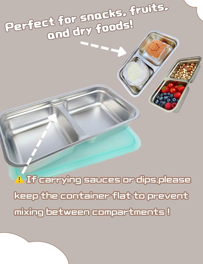 Stainless Steel Snack Containers, Double Compartment Snack Containers, Stainless Steel Snack Box with Lids for Travel, Work and Home (2PCS)