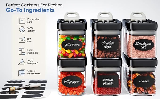 Chef's Path Airtight Food Storage Containers with Improved Lids, Set of 6, 1L Kitchen and Pantry Canisters for Coffee, Spices, and Dry Food, Includes Labels and Marker - Transparent, All Same Size