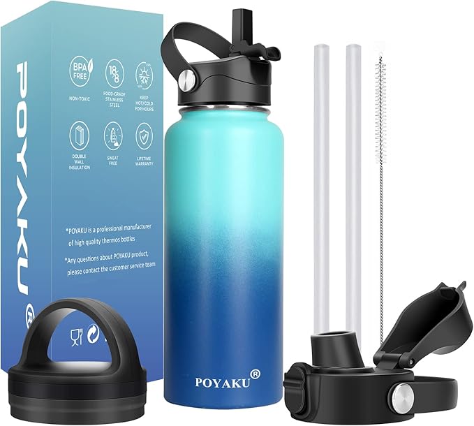 Water Bottle Insulated 32oz 40oz 64oz 128oz Straw Lid Spout Lid & 3 Lids, Leak Proof, Vacuum Insulated,Stainless Steel Water Bottle Wide Mouth for Sports, Gym or Office