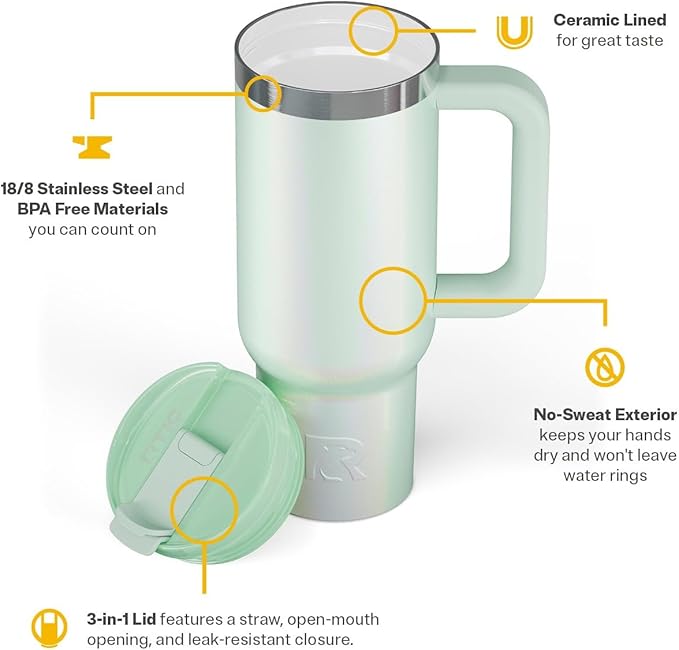 RTIC 30 oz Road Trip Tumbler Double-Walled Ceramic Lined InsulatedStainless Steel Portable Travel Coffee Mug Cup with Lid, Handle and Straw, Fresh Mint Glitter