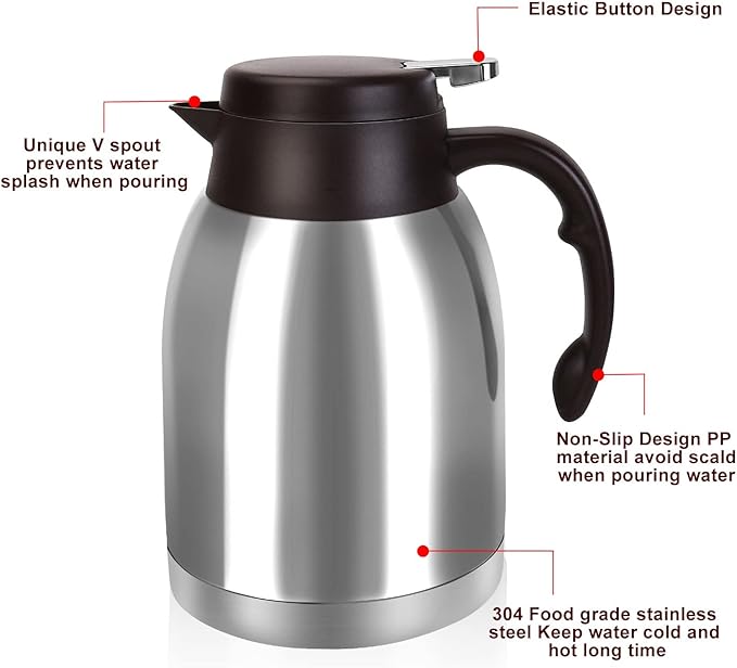 54oz Stainless Steel Thermal Coffee Carafe Dispenser, Unbreakable Double Wall Vacuum Flask 1.6L Water Tea Pot Beverage Pitcher for Cold Drinks in Summer(Classic Silver)