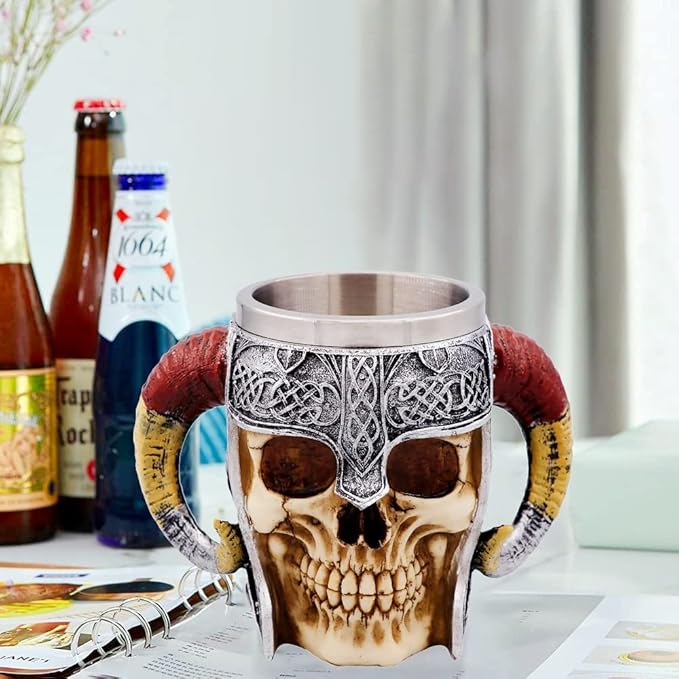 18oz Gift Horn Skull Beer Mug Stainless Steel Large Coffee Cup Norse Gothic Decor Viking Festival Gift GOT Pirate Decor