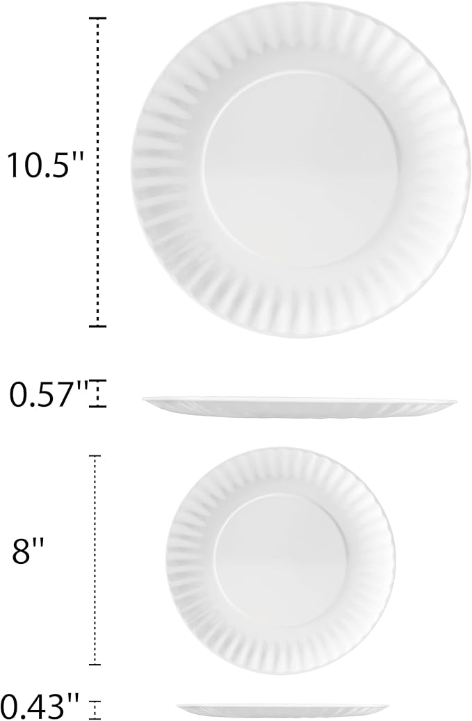 TP Melamine Dinner Plates Set of 8, 8" Salad Dessert Plates and 10.5" Dinner Plates, Dinnerware Set for 4, Indoors and Outdoors, White