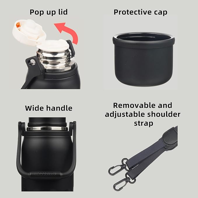 BJPKPK Insulated Water Bottle 50oz Vacuum Insulated Stainless Steel Water Bottles with Handle and Lid Travel Metal Thermal Flask for Outdoor Sports,Black