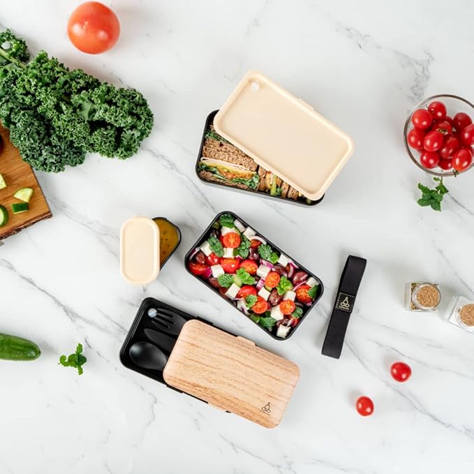 Restaurantware Bento Tek 40.5 Ounces Stackable Lunch Box 1 Reusable Adult Lunch Container - With Utensils Sauce Cup Wood Grain & Black Plastic Layered Lunch Box Microwavable Dishwashable